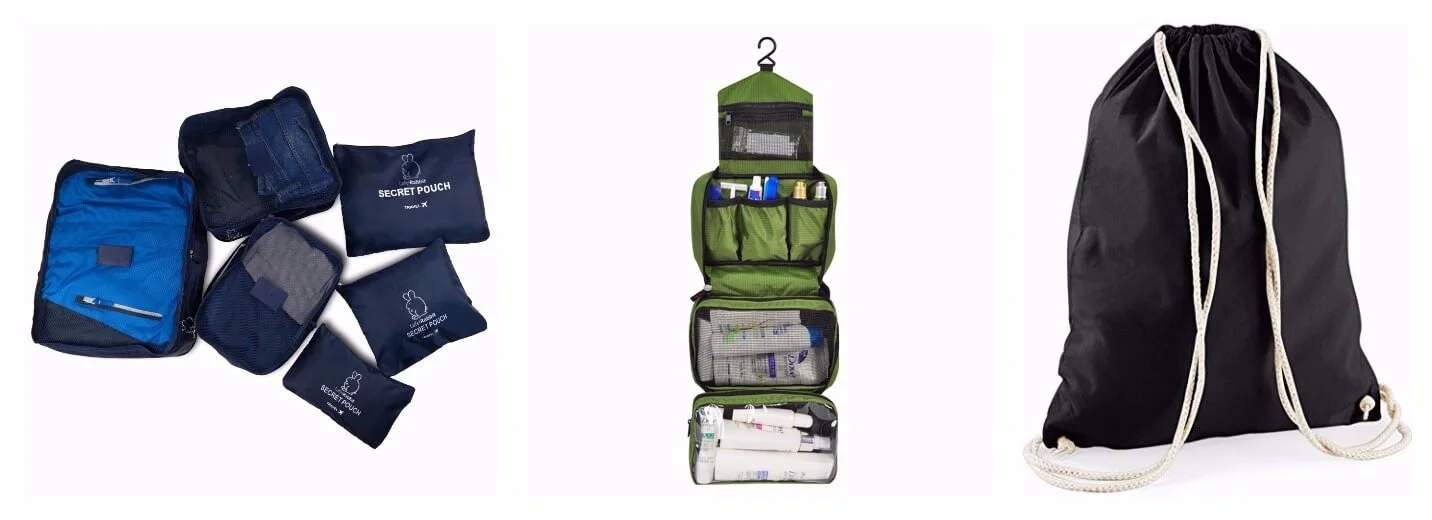 Cubi organizzatori, sacca in cotone e beauty case mantengono lo zaino organizzato.