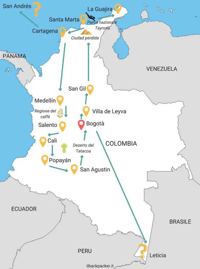 Mappa itinerario per quattro settimane di viaggio in Colombia, dove andare e cosa vedere