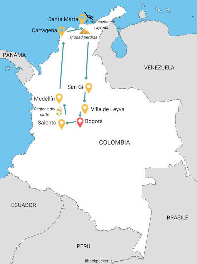 Mappa itinerario per due settimane di viaggio in Colombia, dove andare e cosa vedere