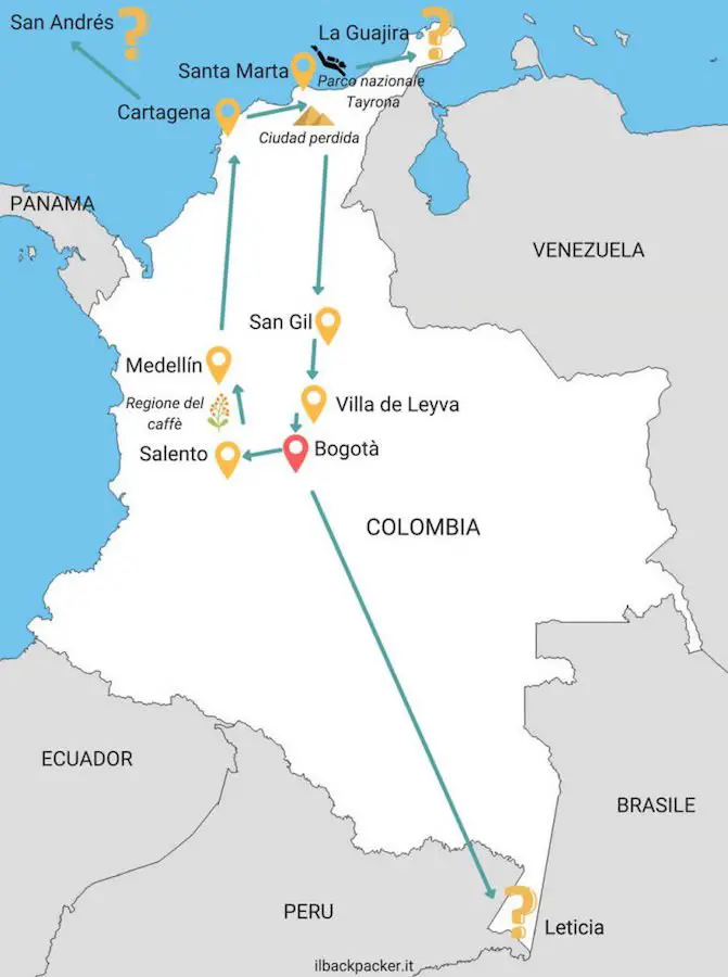 Mappa itinerario per tre settimane di viaggio in Colombia, dove andare e cosa vedere