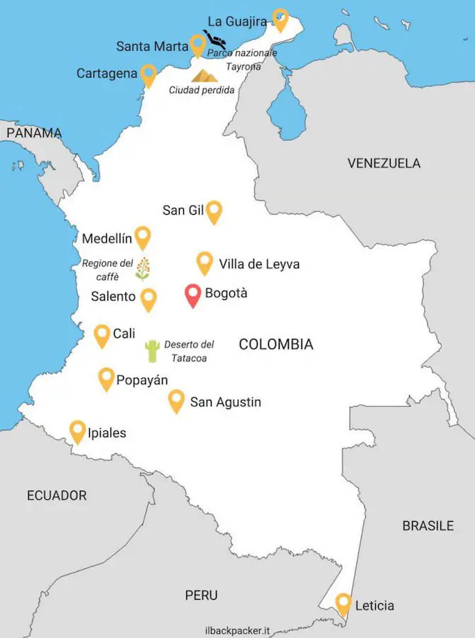 Dove andare e cosa vedere in Colombia. Mappa delle destinazioni.