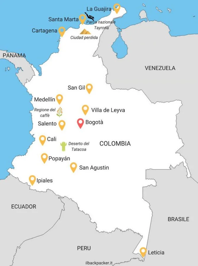 Dove andare e cosa vedere in Colombia. Mappa delle destinazioni.