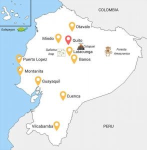 Mappa delle destinazioni turistiche dell'Ecuador - dove andare e cosa vedere