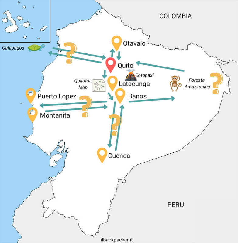 Mappa Itinerario di viaggio per due settimane in Ecuador