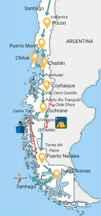 Mappa itinerario di viaggio nella patagonia cilena.