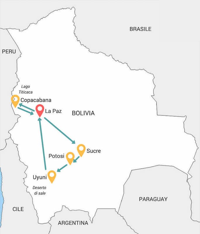 Mappa itinerario di due settimane in Bolivia.