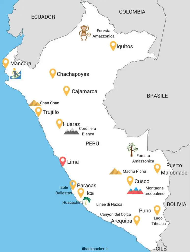 mappa destinazioni turistiche in Perù. Dove andare e cosa vedere.
