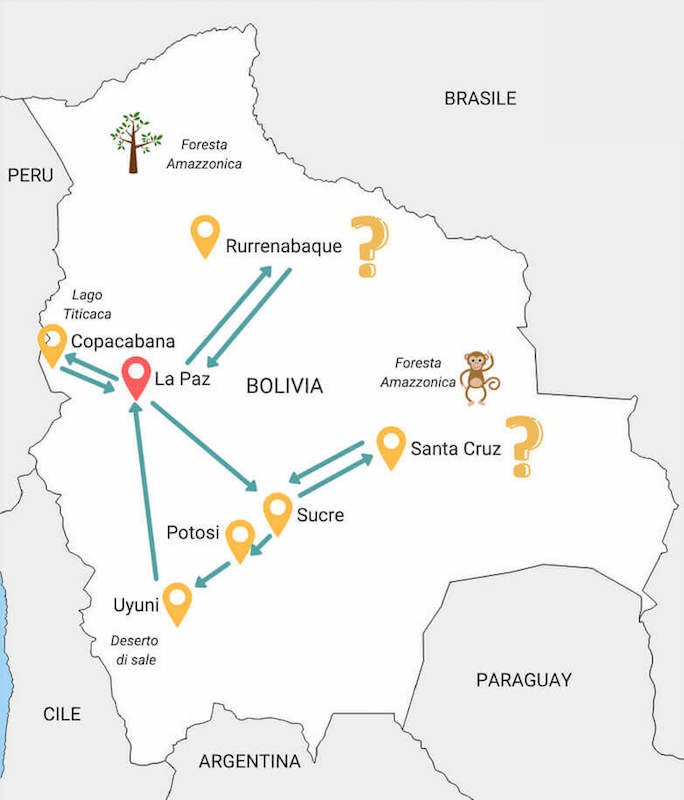 Mappa itinerario di 3 settimane per un viaggio in Bolivia.