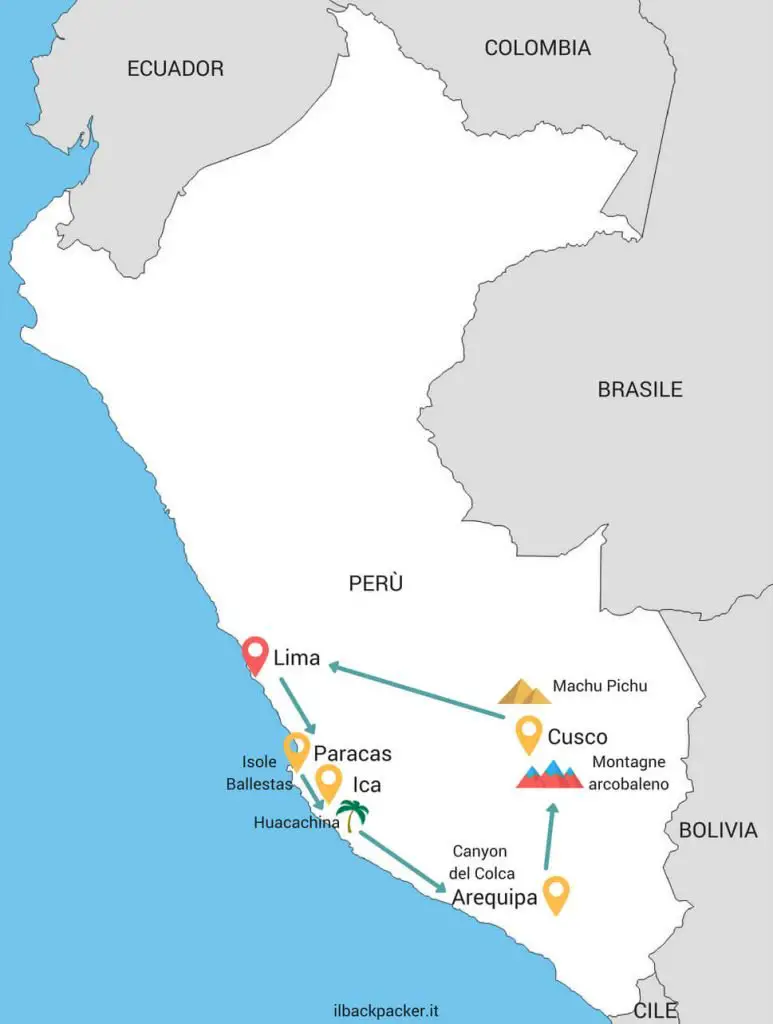 Mappa per un itinerario di viaggio in Peru di due settimane.