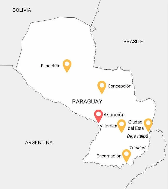 Mappa turistica del Paraguay. Dove andare e cosa vedere.