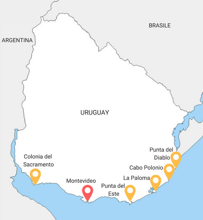 Mappa turistica dell'Uruguay. Cosa fare e vedere.