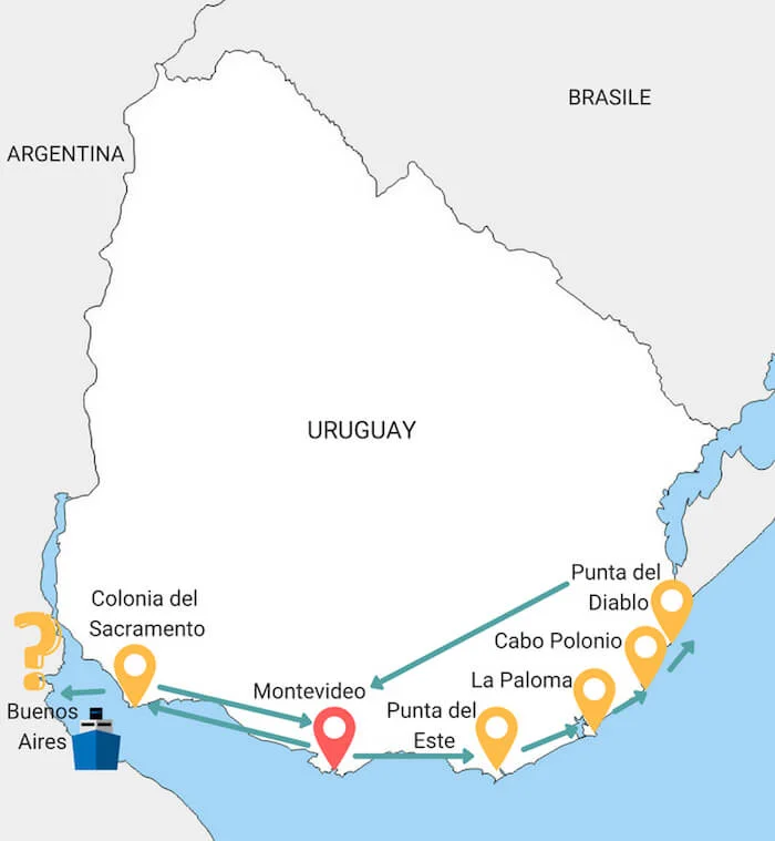 mappa Itinerario di due settimane in Uruguay