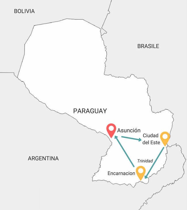 Mappa itinerario di due settimane in Paraguay.