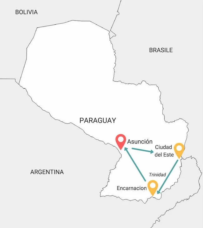 Mappa itinerario di due settimane in Paraguay.