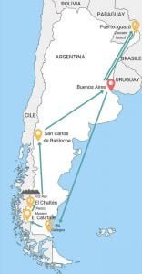 Mappa Itinerario di due settimane in Argentina tra nord e sud.