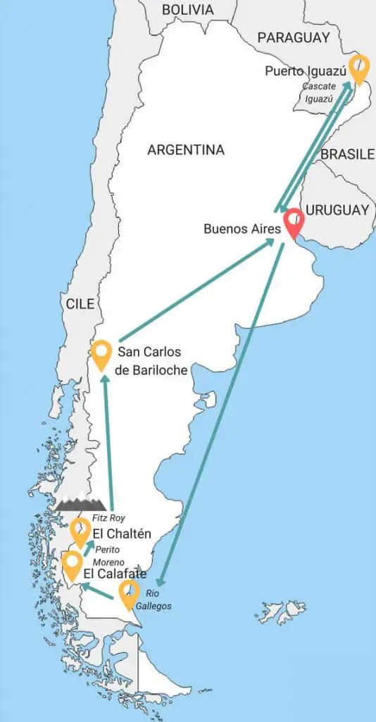 Mappa Itinerario di due settimane in Argentina tra nord e sud.