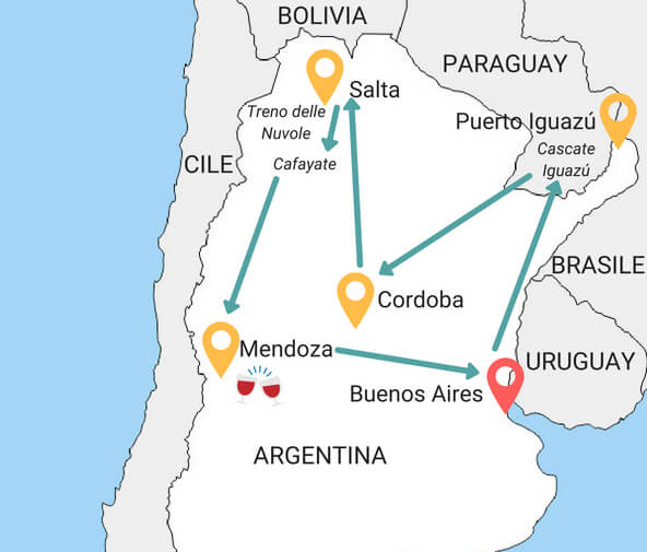 Mappa Itinerario in Argentina due settimane solo nord