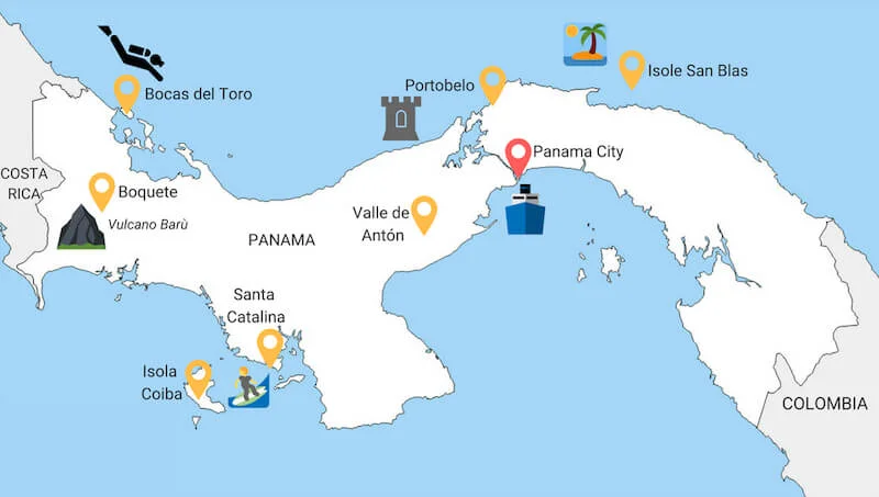 Mappa turistica di panama, cosa fare e cosa vedere a panama