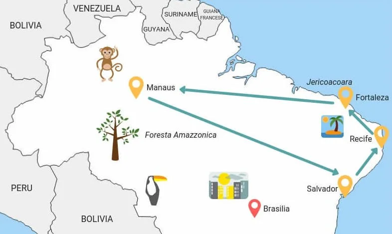 mappa itinerario di due settimane nel nord del Brasile