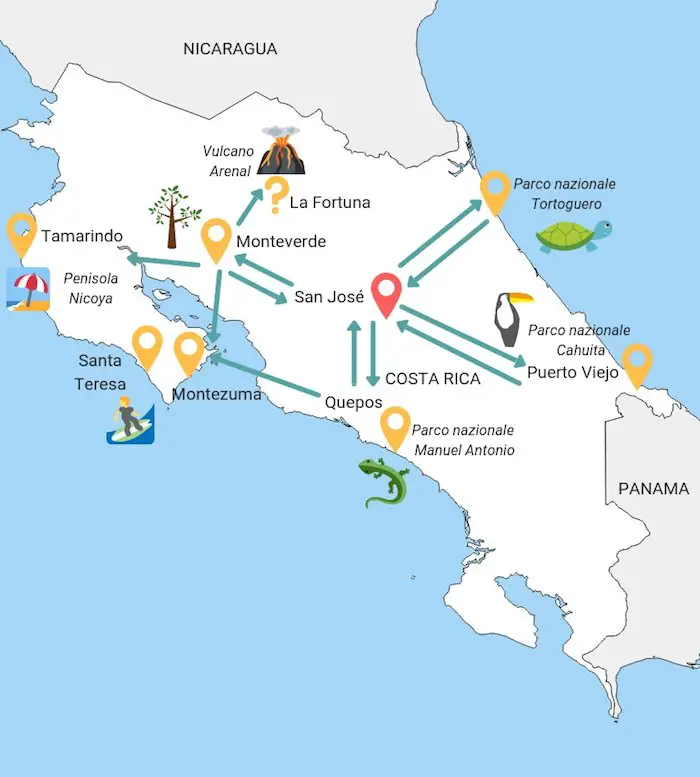 Mappa itinerario di viaggio in costa rica