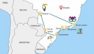Mappa itinerario di due settimane nel sud del brasile