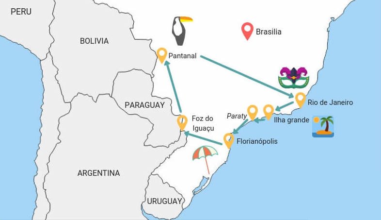 Mappa itinerario di due settimane nel sud del brasile