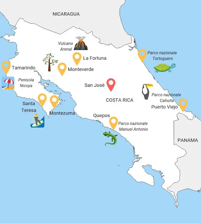 Mappa Cosa fare e cosa vedere viaggio in Costa Rica.