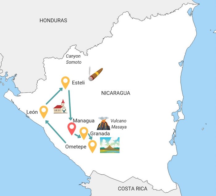 Mappa Itinerario di due settimane in Nicaragua