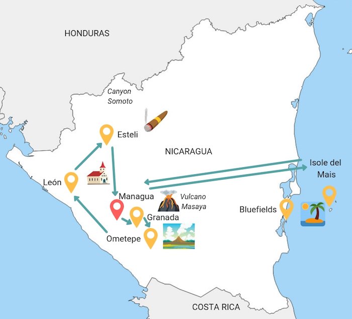 Mappa itinerario di tre settimane in Nicaragua