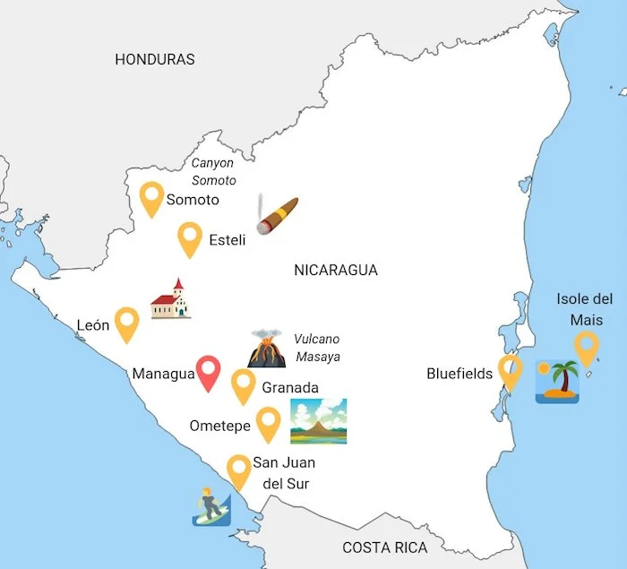 Dove andare e cosa vedere in Nicaragua, mappa turistica.