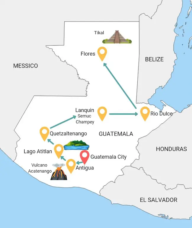 Mappa itinerario viaggio di tre settimane in Guatemala