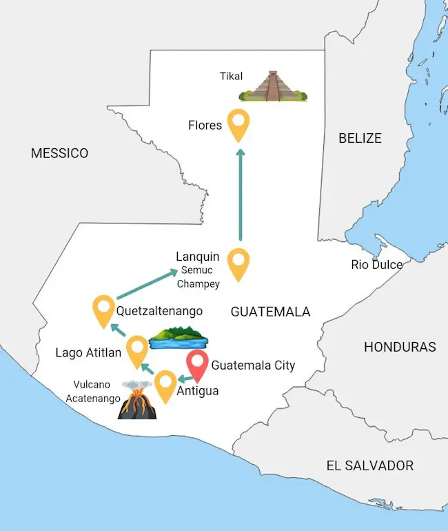 Mappa itinerario viaggio di due settimane in Guatemala