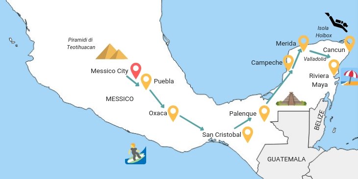 Mappa Itinerario di un mese in Messico