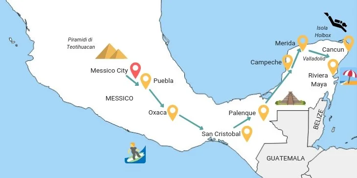 Mappa Itinerario di un mese in Messico