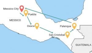 mappa itinerario di 15 giorni nel Messico centrale