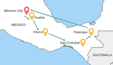 mappa itinerario di 15 giorni nel Messico centrale